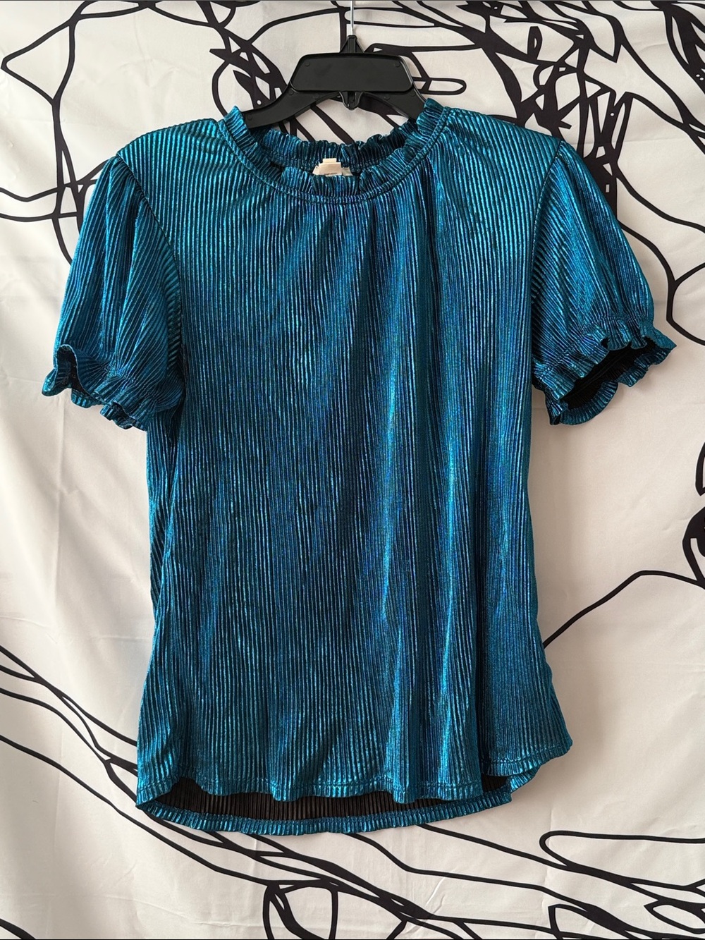 Faith and Joy Metallic Teal Short Sleeve Ruffle Neck Top